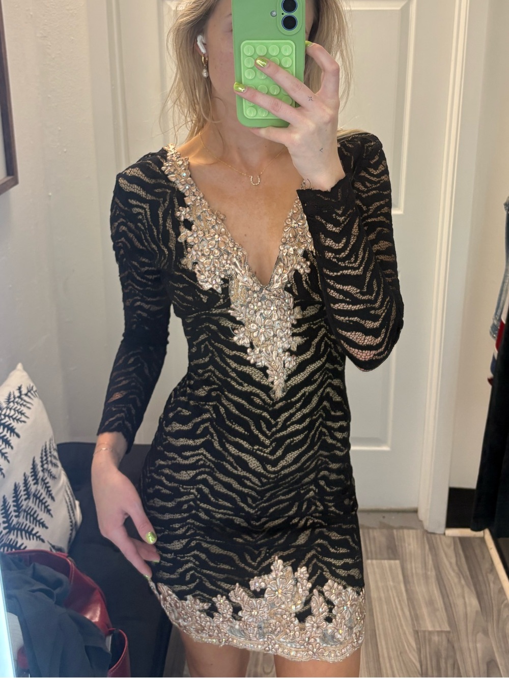 Baccio Couture Black Gold Zebra Lace Rhinestone Mini Dress Medium